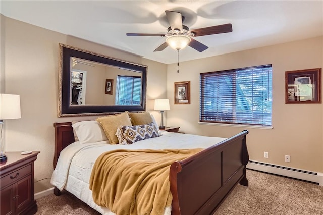 bedroom featuring baseboard heating, ceiling fan, and light carpet