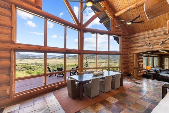 dining area featuring rustic walls, beamed ceiling, high vaulted ceiling, and wood ceiling