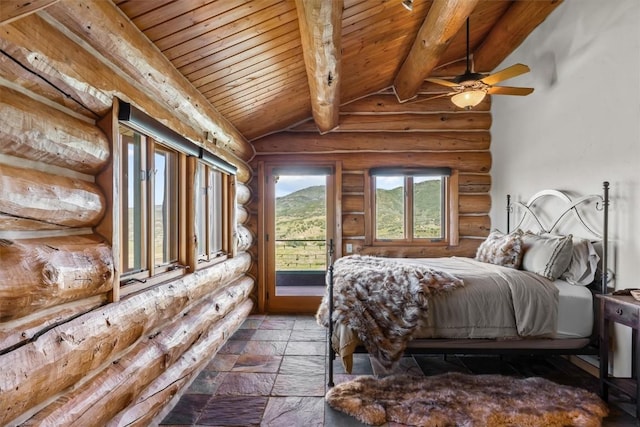 bedroom with vaulted ceiling with beams, ceiling fan, wood ceiling, and log walls