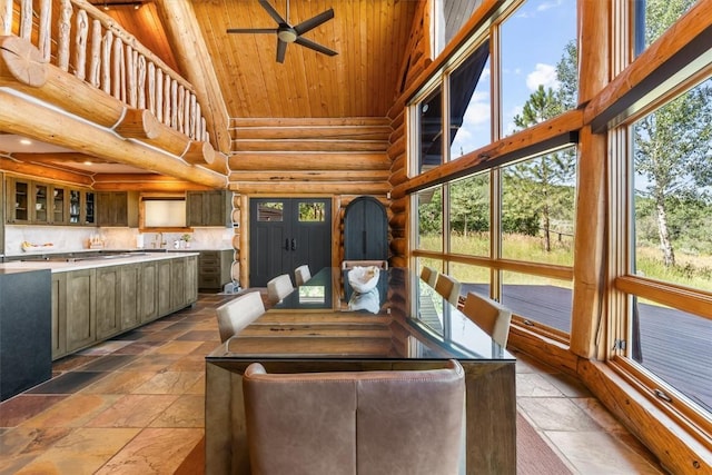 dining space with rustic walls, ceiling fan, sink, high vaulted ceiling, and wooden ceiling