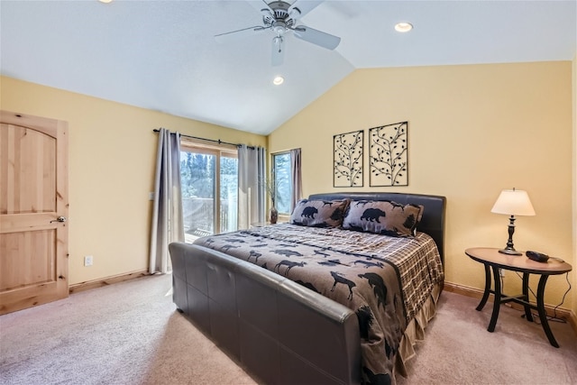 carpeted bedroom with lofted ceiling, access to exterior, and ceiling fan