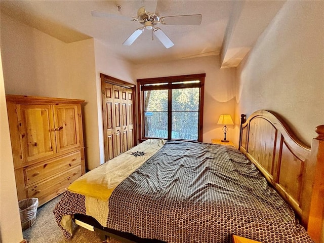 bedroom featuring carpet, a closet, and ceiling fan