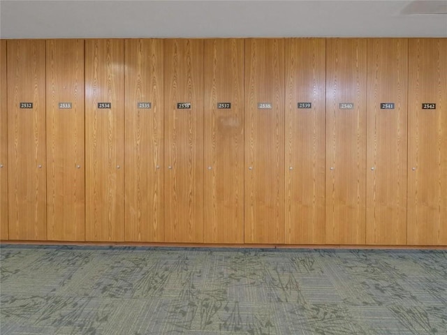 interior space featuring carpet and wooden walls