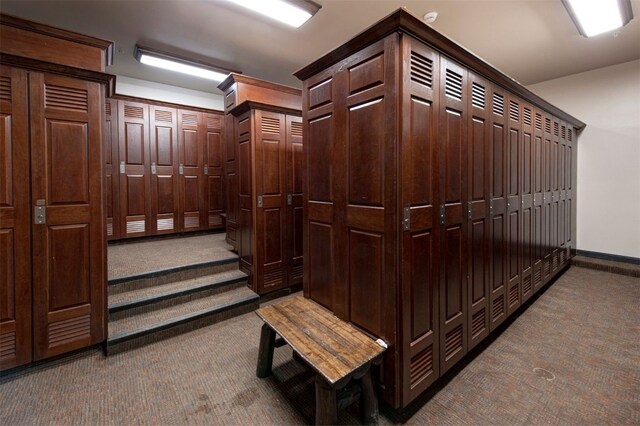 walk in closet with dark colored carpet