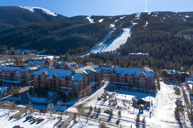 snowy aerial view featuring a mountain view