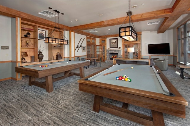 rec room featuring billiards, beam ceiling, and carpet floors