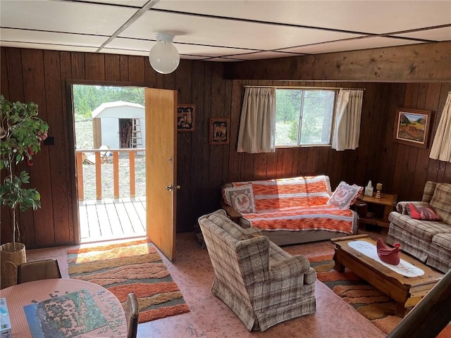 living room featuring wooden walls