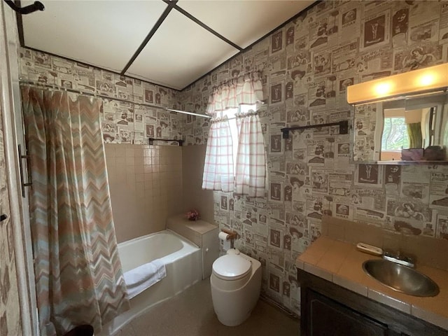 full bathroom featuring shower / bath combination with curtain, toilet, and vanity