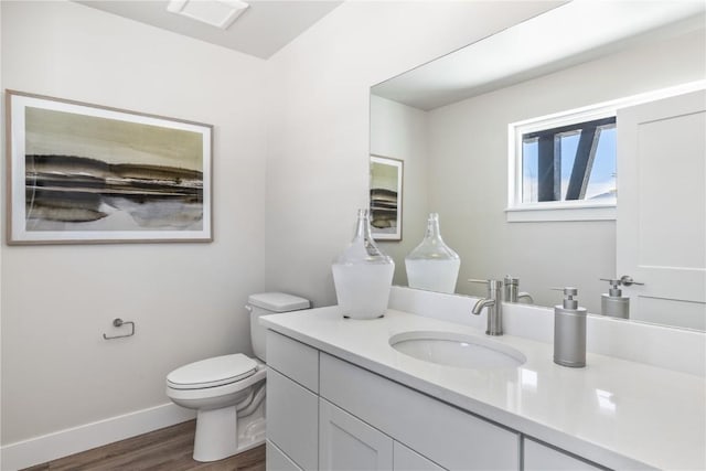 bathroom with vanity, wood-type flooring, and toilet