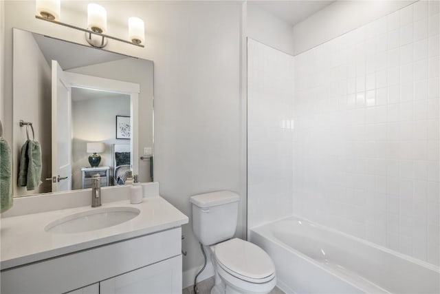 full bathroom with vanity,  shower combination, and toilet