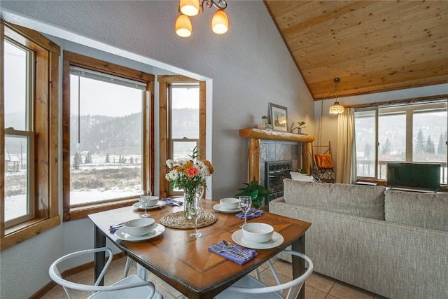 tiled dining room with plenty of natural light, wood ceiling, vaulted ceiling, and a tile fireplace