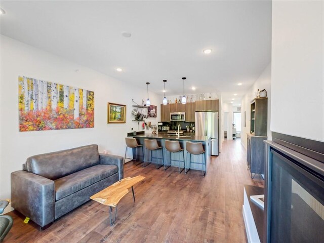 living room featuring sink and hardwood / wood-style floors