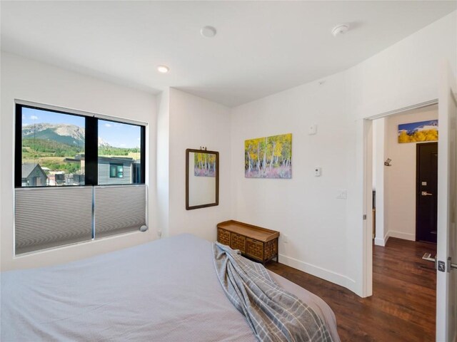 bedroom with dark hardwood / wood-style floors