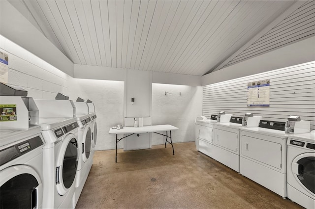 common laundry area featuring independent washer and dryer and wood ceiling