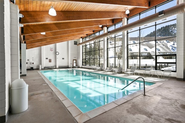 community pool with a patio area and glass enclosure