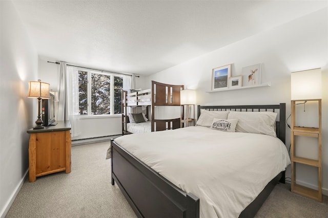 bedroom featuring baseboards, light colored carpet, and baseboard heating