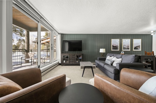 living area featuring a textured ceiling, a baseboard heating unit, and carpet flooring