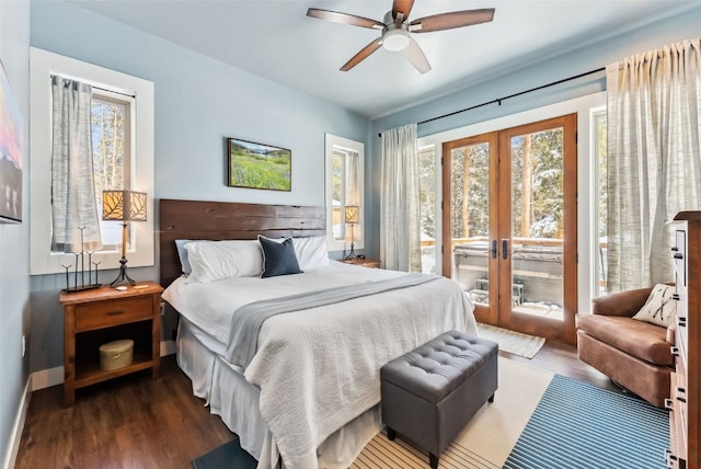 bedroom with baseboards, a ceiling fan, wood finished floors, access to outside, and french doors