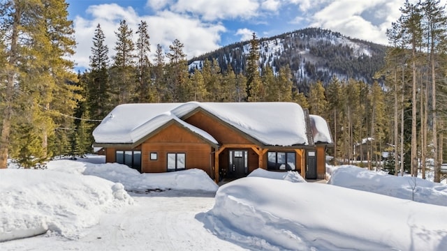 view of front facade featuring a mountain view and a wooded view