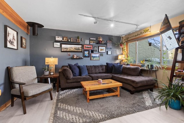 living room with hardwood / wood-style floors, a wood stove, and track lighting