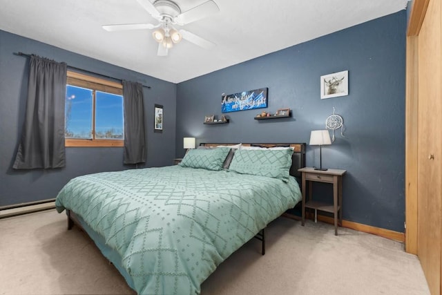 carpeted bedroom featuring a closet, a baseboard radiator, and ceiling fan