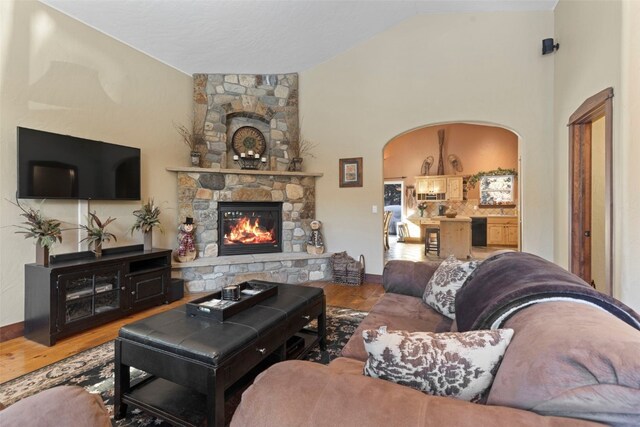 living room with a stone fireplace and hardwood / wood-style flooring