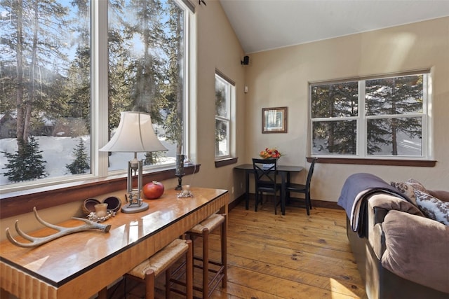 interior space featuring lofted ceiling, hardwood / wood-style flooring, and baseboards