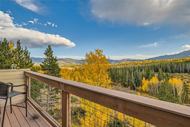 wooden deck with a mountain view