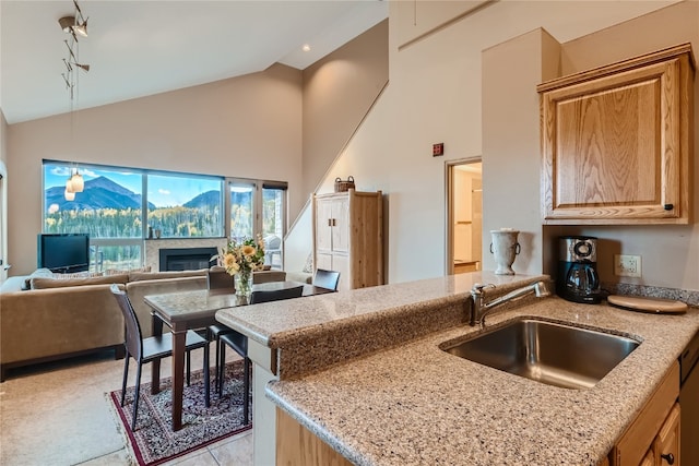 kitchen with kitchen peninsula, high vaulted ceiling, light stone counters, and sink