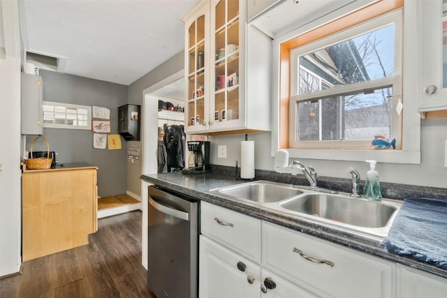 kitchen with a sink, plenty of natural light, dark wood finished floors, and dishwasher