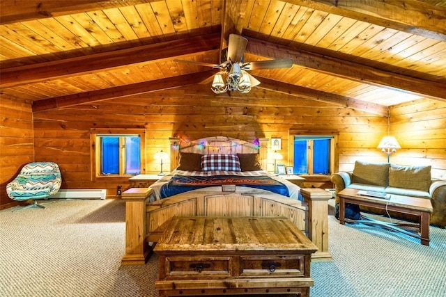 bedroom featuring carpet flooring, ceiling fan, wooden ceiling, lofted ceiling with beams, and wooden walls