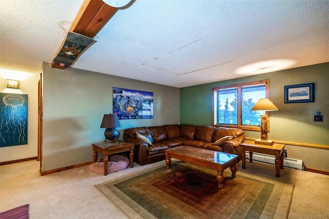 carpeted living room with a textured ceiling and a baseboard heating unit