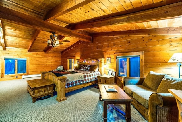 carpeted bedroom with lofted ceiling with beams, wooden ceiling, wooden walls, and a baseboard heating unit