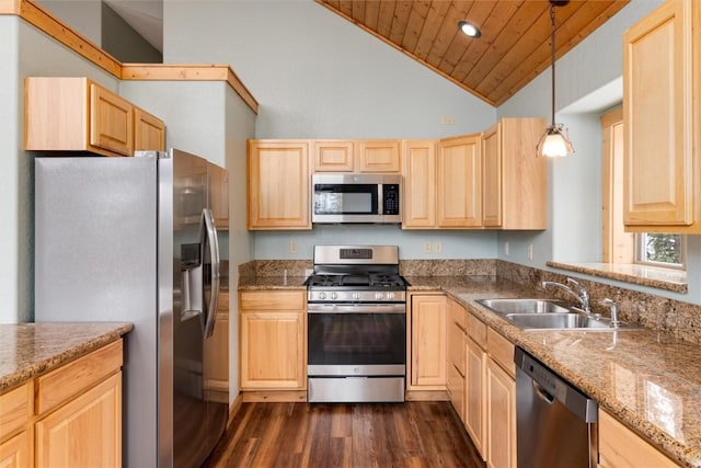 kitchen with appliances with stainless steel finishes, sink, light brown cabinets, wooden ceiling, and hanging light fixtures