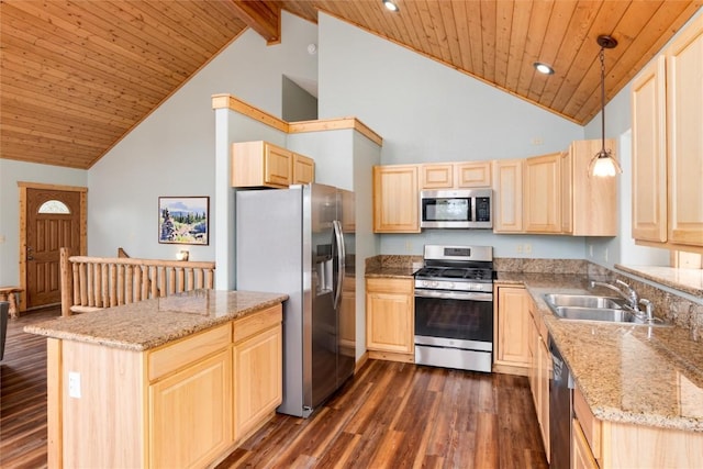 kitchen with pendant lighting, high vaulted ceiling, sink, and appliances with stainless steel finishes