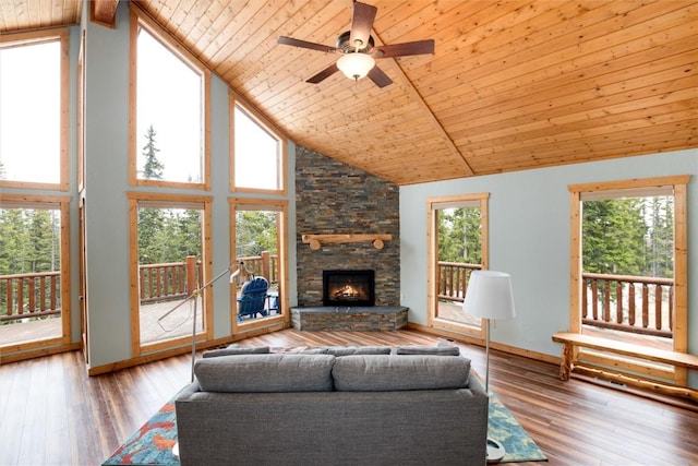 living room featuring hardwood / wood-style floors, ceiling fan, wood ceiling, and high vaulted ceiling