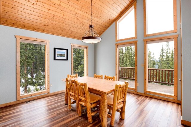 dining space with light hardwood / wood-style floors, wooden ceiling, and high vaulted ceiling