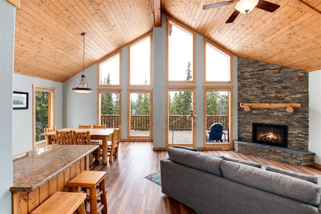 living room with wooden ceiling, high vaulted ceiling, and dark wood-type flooring