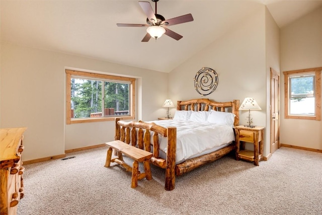 bedroom with carpet flooring, ceiling fan, and lofted ceiling