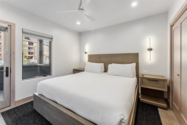 bedroom featuring a closet, recessed lighting, baseboards, and ceiling fan