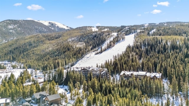 snowy aerial view featuring a view of trees and a mountain view