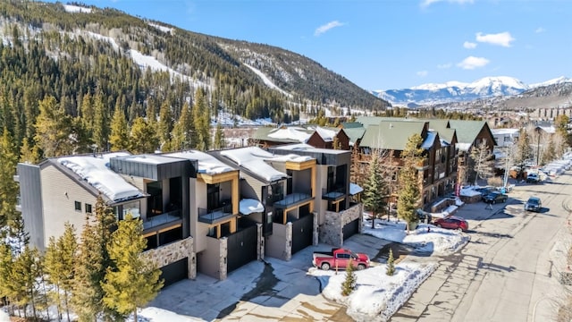 snowy aerial view featuring a mountain view and a residential view