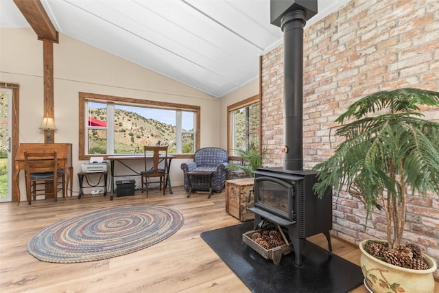 sitting room featuring a wood stove, a mountain view, vaulted ceiling, and light wood-type flooring