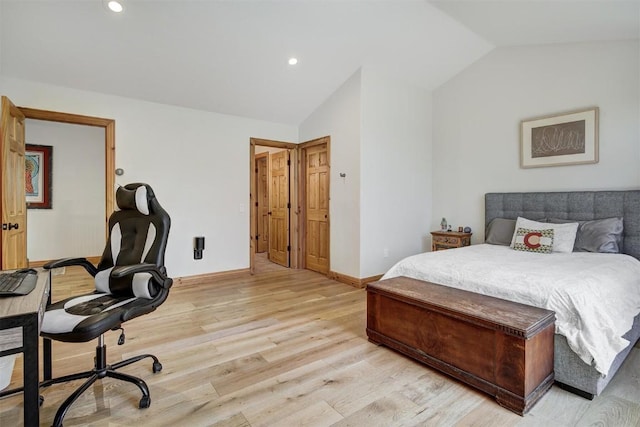 bedroom featuring lofted ceiling, light wood-type flooring, baseboards, and recessed lighting