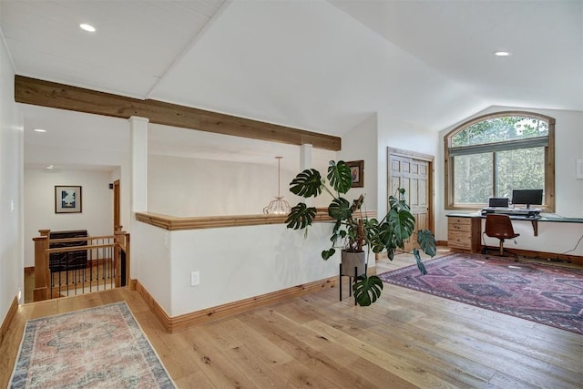 office area featuring lofted ceiling with beams, wood-type flooring, baseboards, and recessed lighting