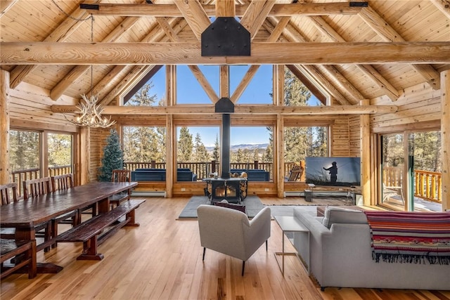 sunroom with a notable chandelier, a baseboard radiator, lofted ceiling with beams, wood ceiling, and a wood stove