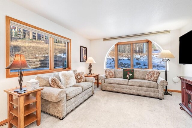 living room with carpet floors and a healthy amount of sunlight