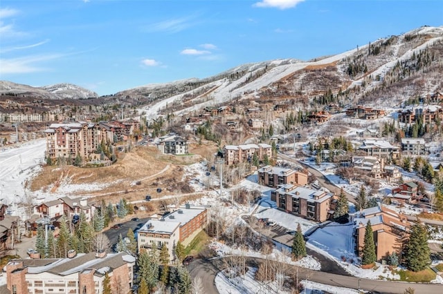 snowy aerial view featuring a mountain view