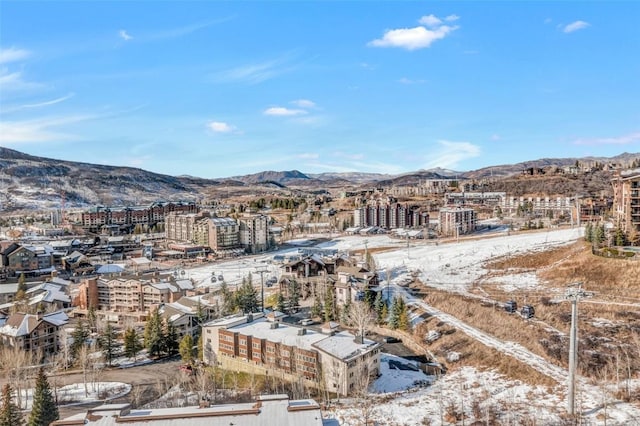 snowy aerial view featuring a mountain view