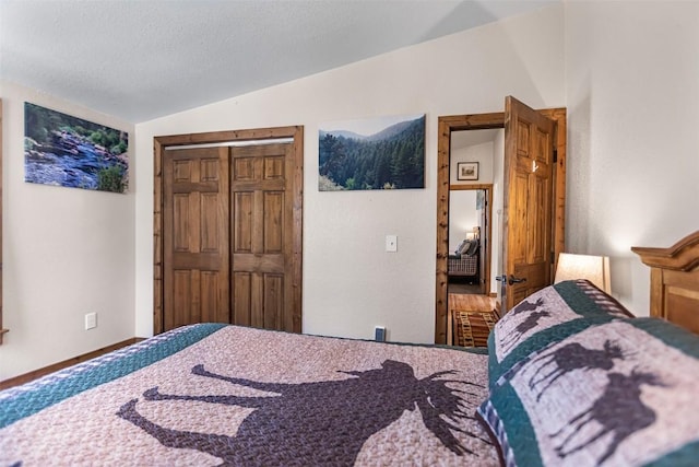 bedroom featuring a closet, vaulted ceiling, and a textured ceiling